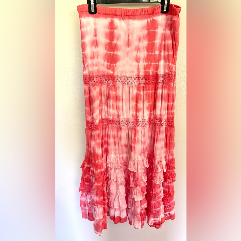 White Diamonds Pull On Cotton Ruffle Maxi Skirt Pink And White Tie Dye L